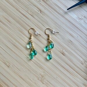 Handmade Glass Bead Dangly Gold Earrings 💧🩵